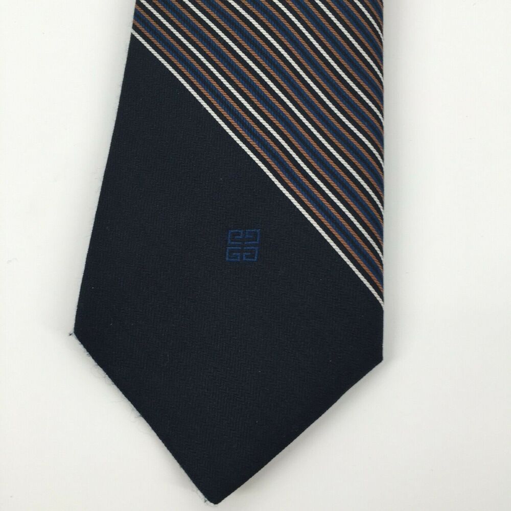Vintage 1970s Givenchy Gentlemen Paris Tie Navy Blue Striped Skinny Necktie - Picture 4 of 12